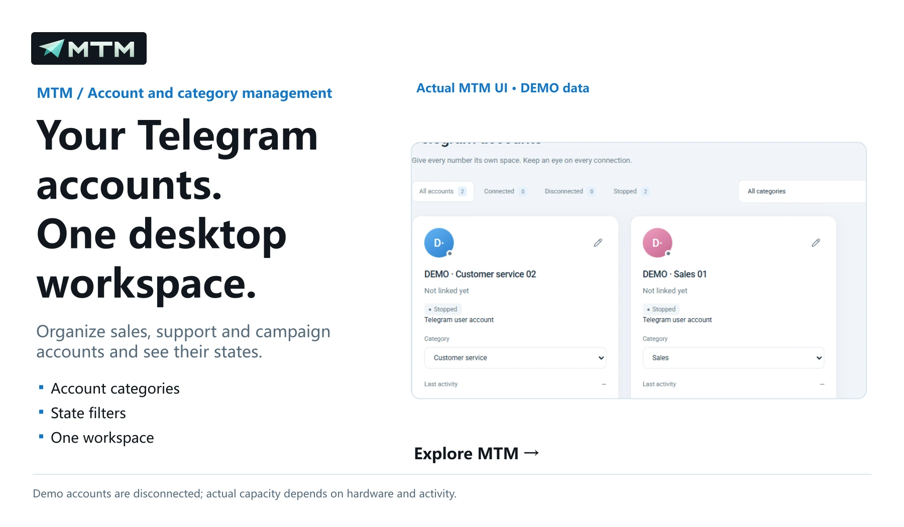 Your Telegram accounts. One desktop workspace.