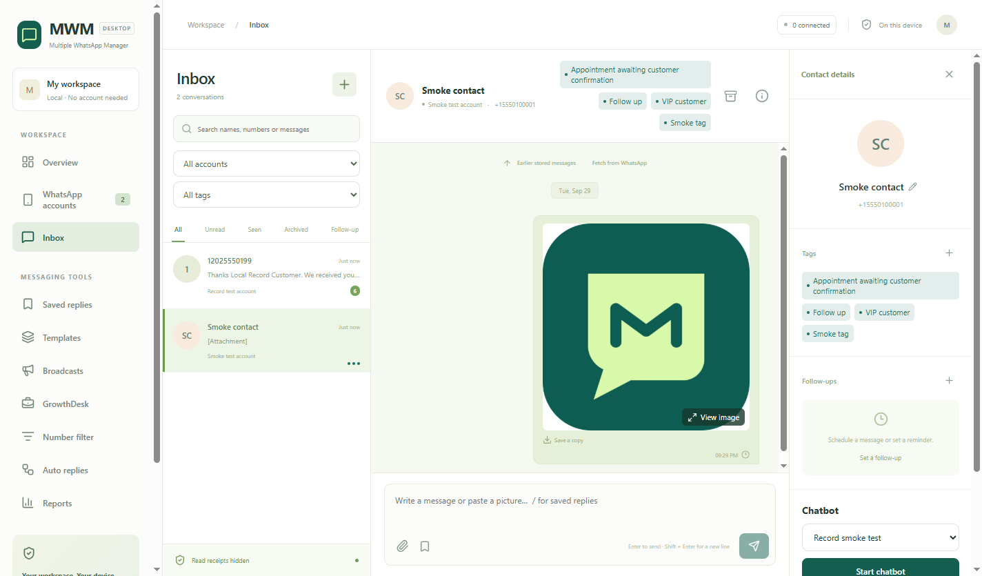 Real MWM inbox with isolated demo conversations