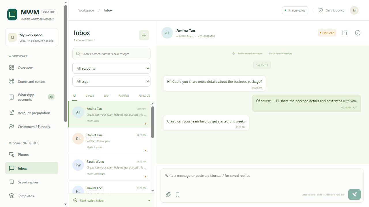 Real MWM inbox with isolated demo data